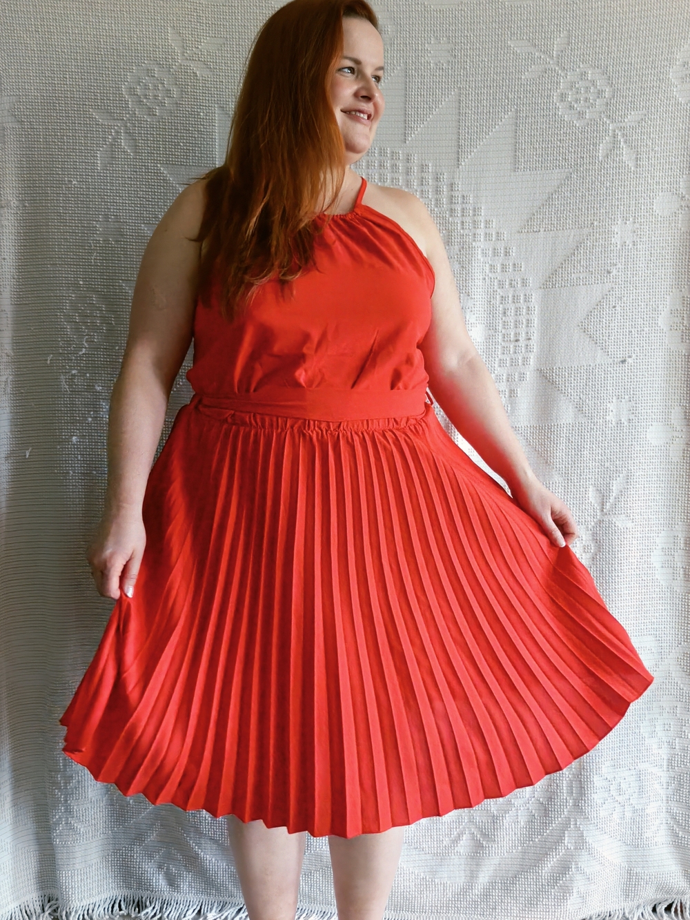 BTFBM Red Pleated Halter Dress w/ Belt | Accordion Skirt | Valentine's Day | XL